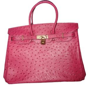 Fuschia Faux Ostrich  Handbag Gold Hardware